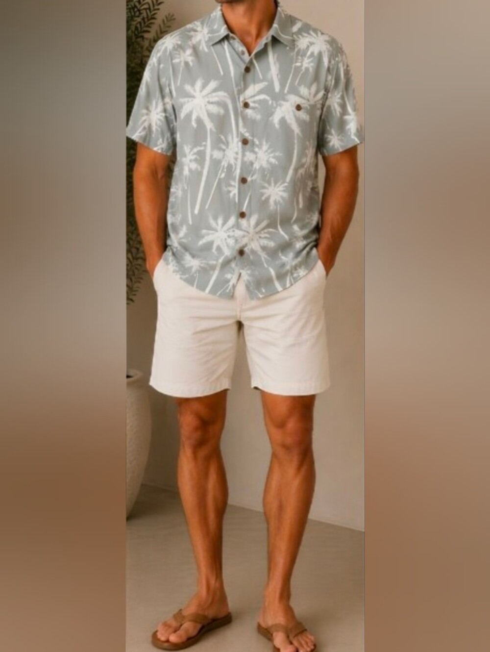 Knightsbridge-Men's Sage Palm-Print Short Sleeve Shirt Size M